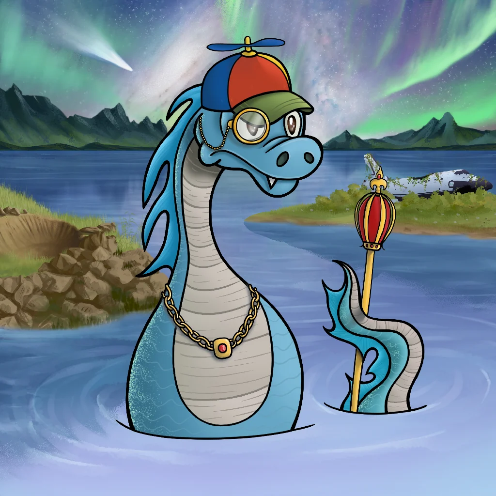 A Nessie collection model wearing a propeller cap, monocle and gold chain