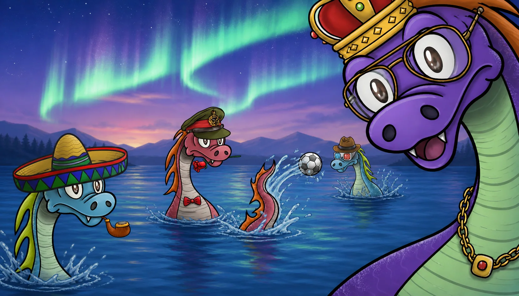 A joyful society of cartoon Nessies gathering in a moonlit loch under the aurora